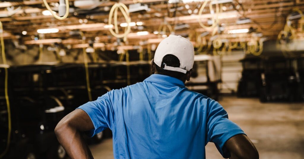 A man in a cap and blue shirt inside a large warehouse with overhead wiring.