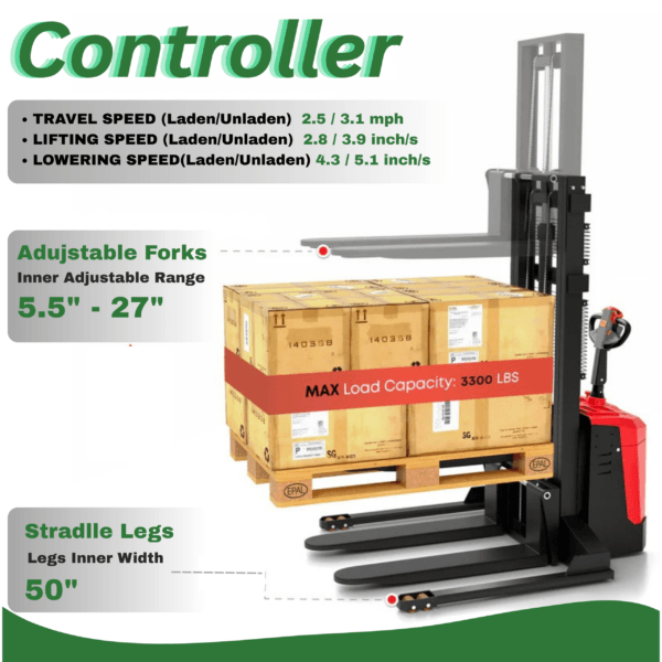 Adujstable Forks TEXMOVER TX-EPS 98 RS Electric Rider Walkie Stacker – 3,300 lb Capacity