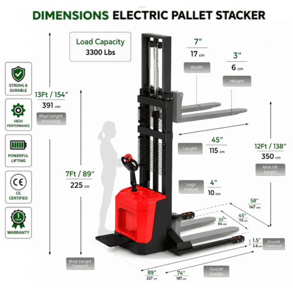 Dimension TX-EPS 138 RS TEXMOVER TX-EPS 138 RS Electric Rider Pallet Stacker – 3,300 lb Capacity
