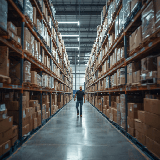 A man in a cap and blue shirt inside a large warehouse with overhead wiring.