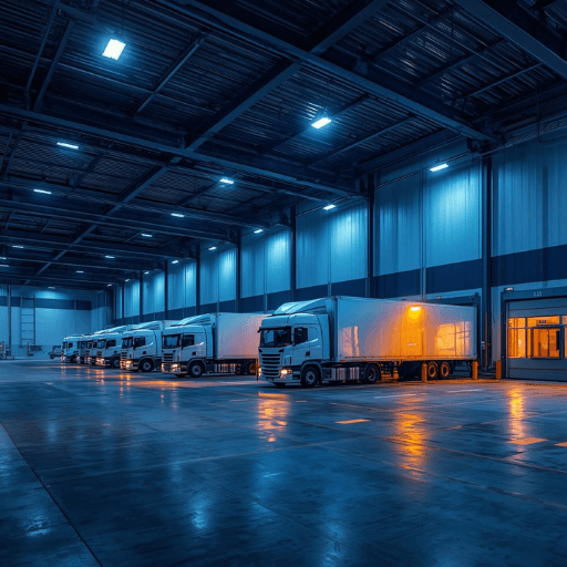 Spacious and modern warehouse interior with parked truck and steel structures.