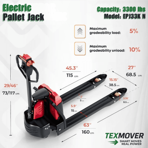 Size EPJ33K N TEXMOVER EPJ33K N Full Electric Pallet Jack – 3,300 lb Capacity | 24V Lithium