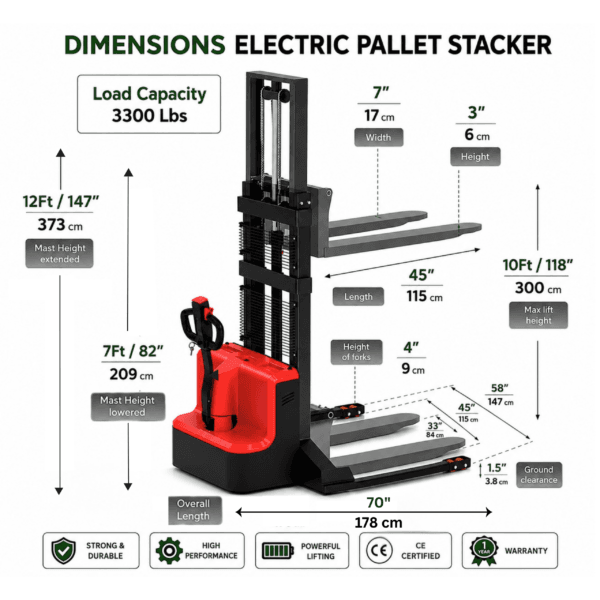 TEXMOVER Walkie Electric Stacker – 3,300 lb Capacity, 118″ Lift Height, Fixed Straddle Legs