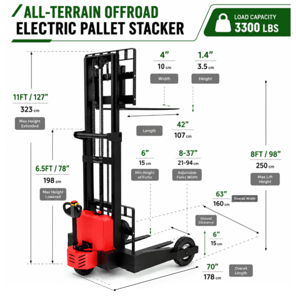 TX-EPS 118 OFR Rough Terrain Electric Stacker – 3,300 lb Capacity