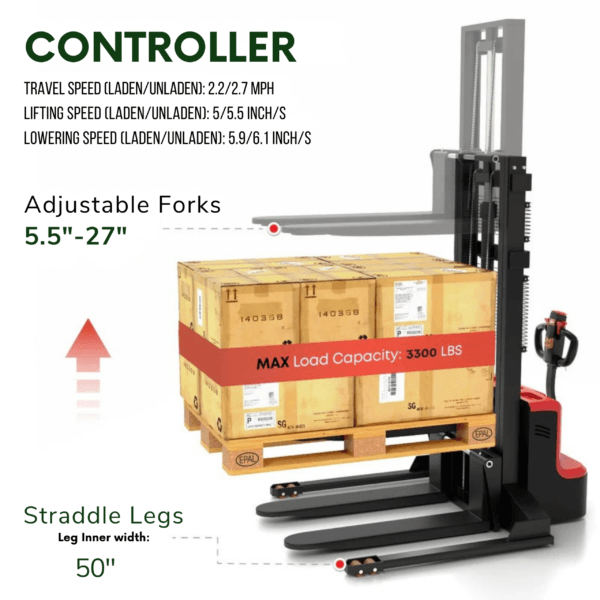 TEXMOVER Walkie Electric Stacker – 3,300 lb Capacity, 118″ Lift Height, Fixed Straddle Legs